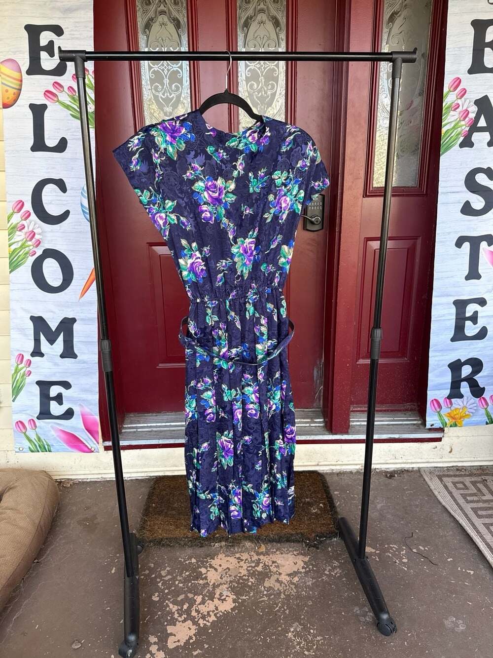 Vintage 80s Pellini Petites by Van Bramlett Floral Satin Midi Dress with Belt